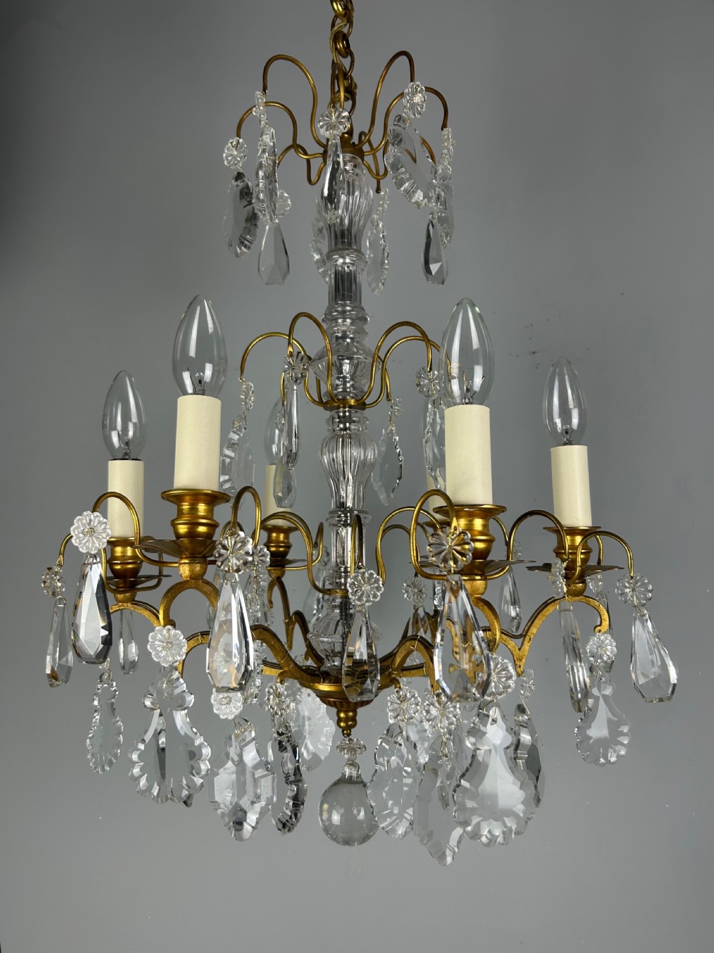 French Gilded Brass & Crystal 6 Light Antique Chandelier View XIX