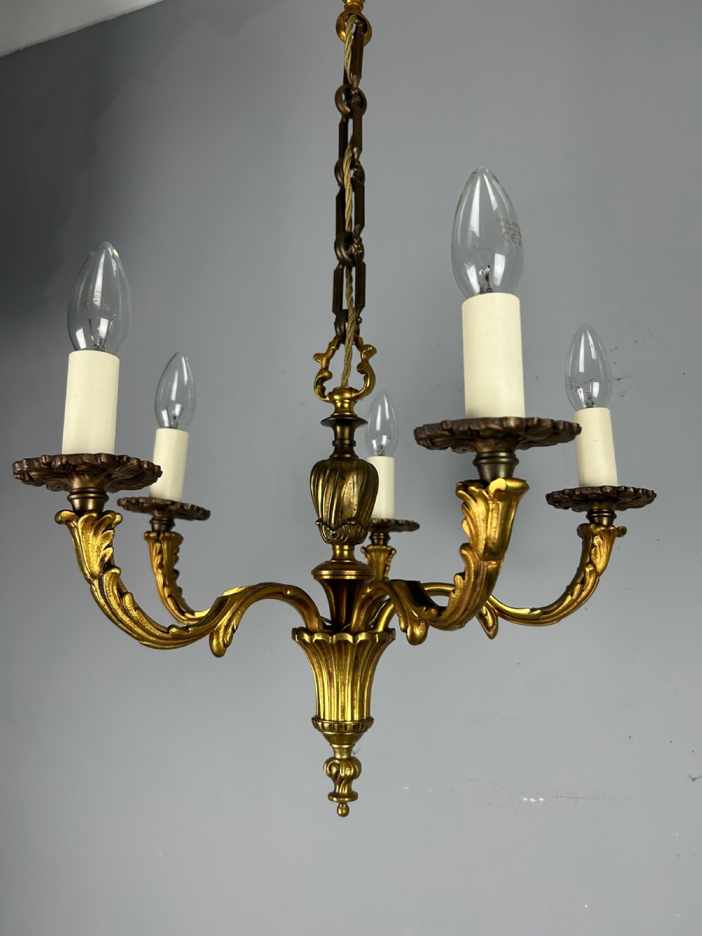 French Gilded Bronze 5 Light Antique Chandelier