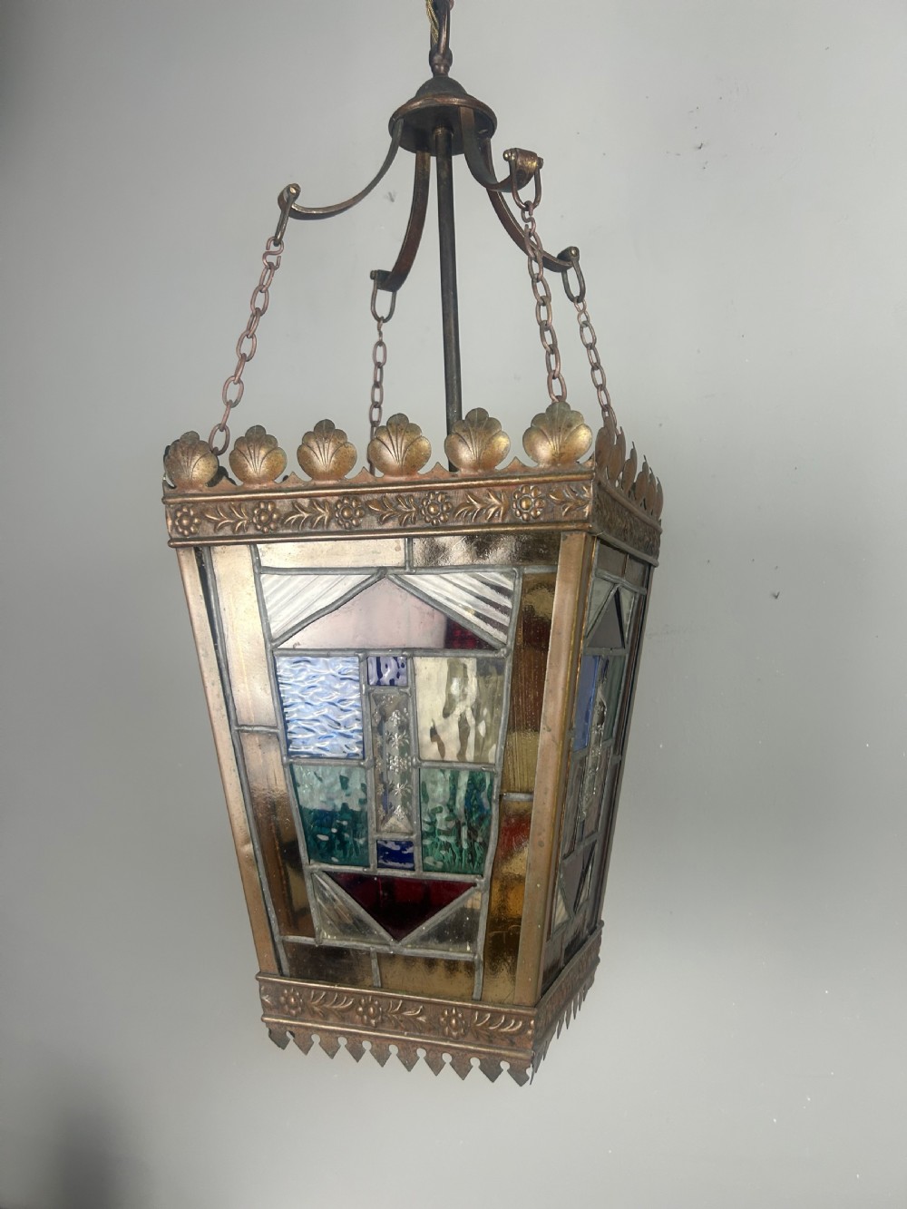 Large English Bronzed Brass Stained Glass Lantern 