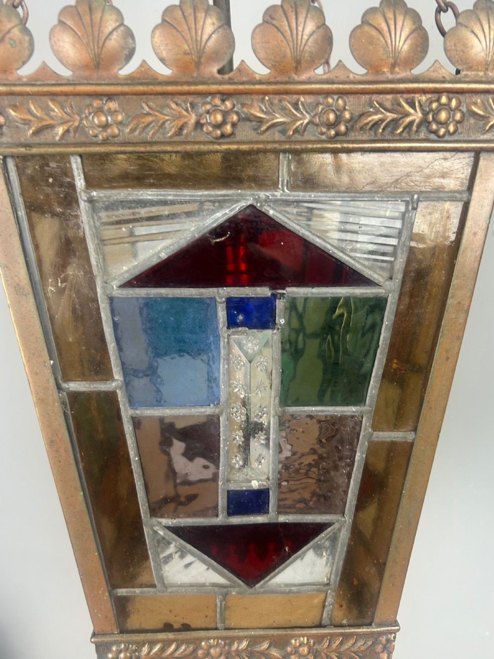 Large English Bronzed Brass Stained Glass Lantern  View II