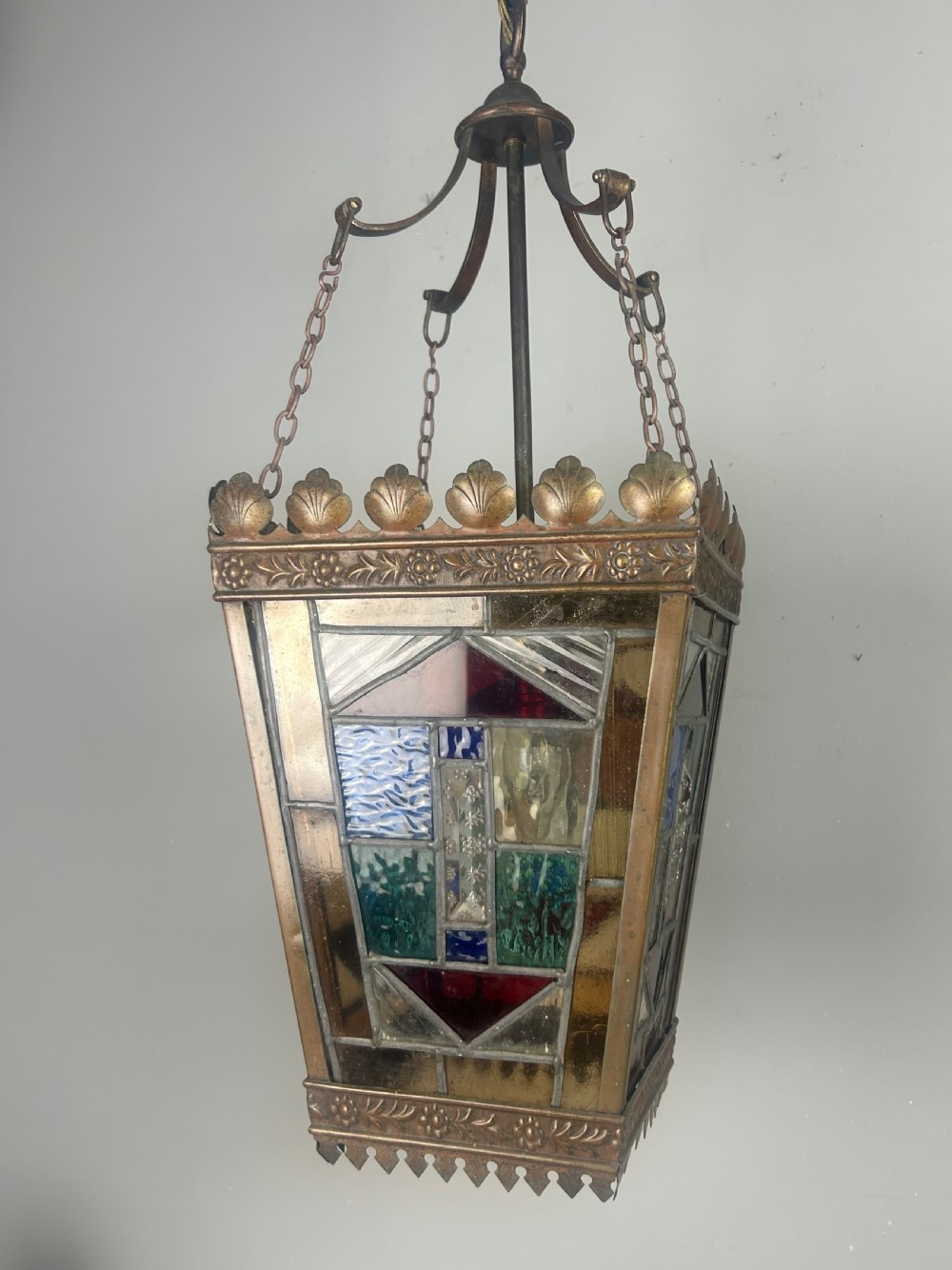 Large English Bronzed Brass Stained Glass Lantern  View III