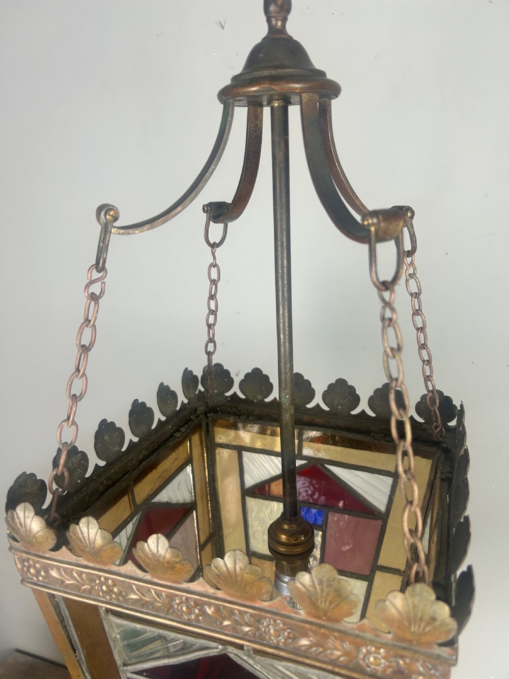 Large English Bronzed Brass Stained Glass Lantern  View IV