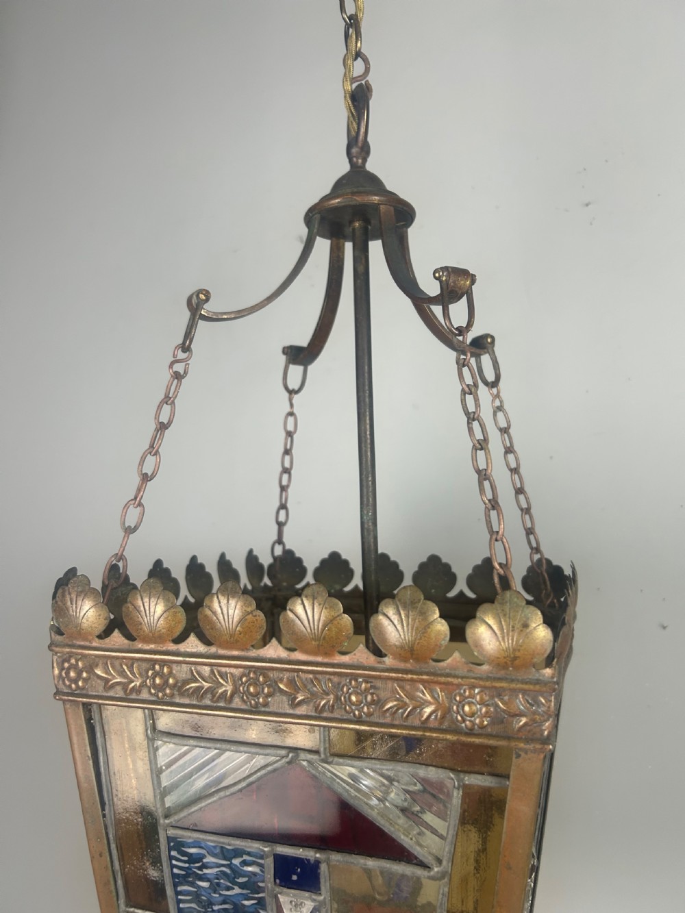 Large English Bronzed Brass Stained Glass Lantern  View V