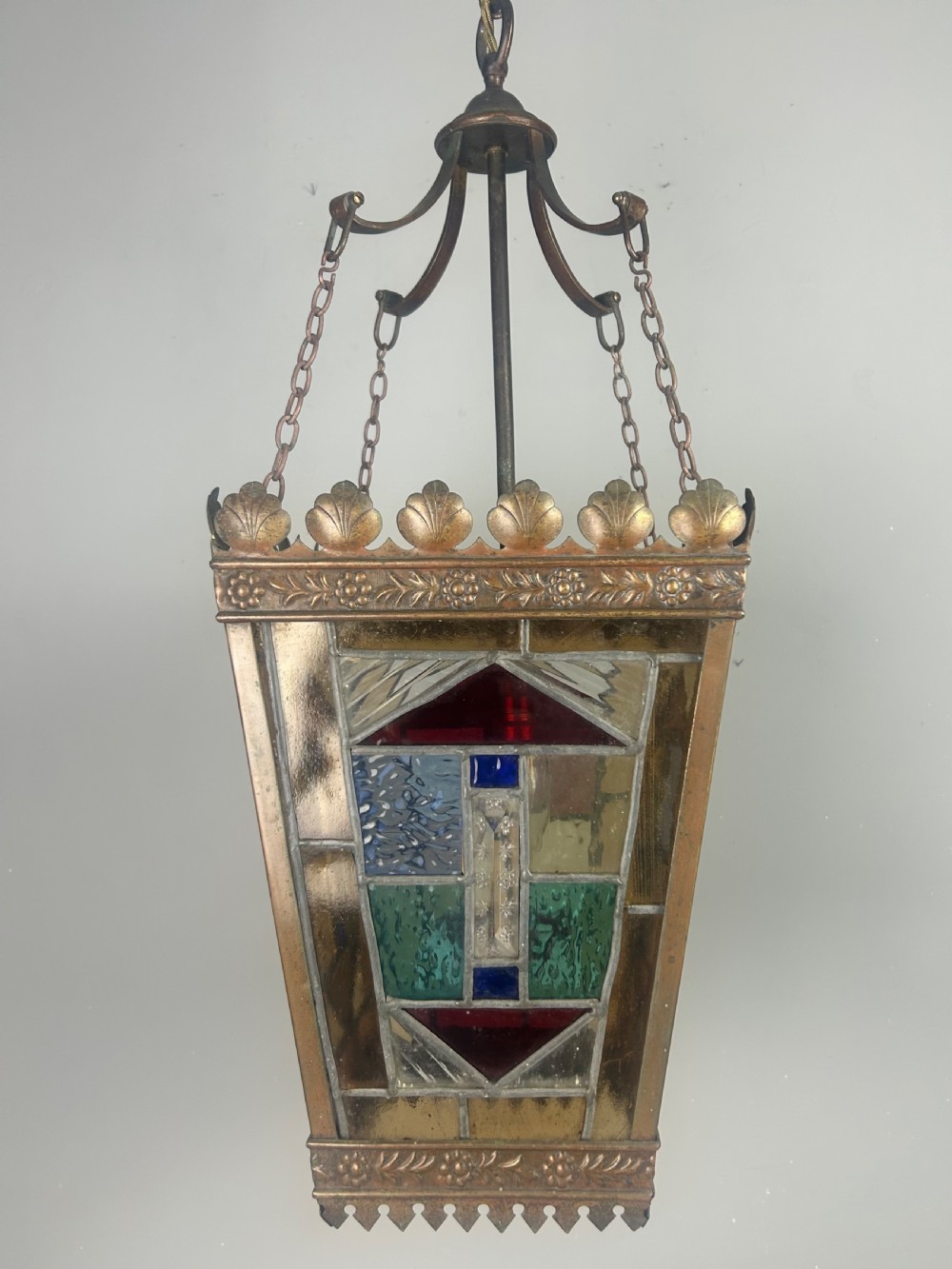 Large English Bronzed Brass Stained Glass Lantern  View VI