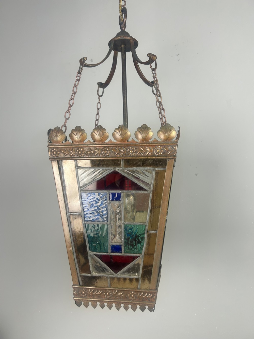 Large English Bronzed Brass Stained Glass Lantern  View VII