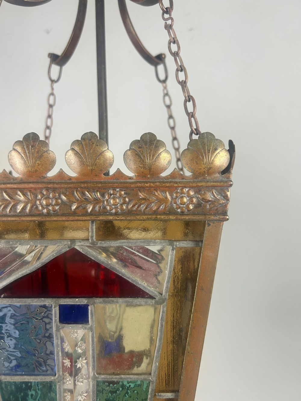 Large English Bronzed Brass Stained Glass Lantern  View IX