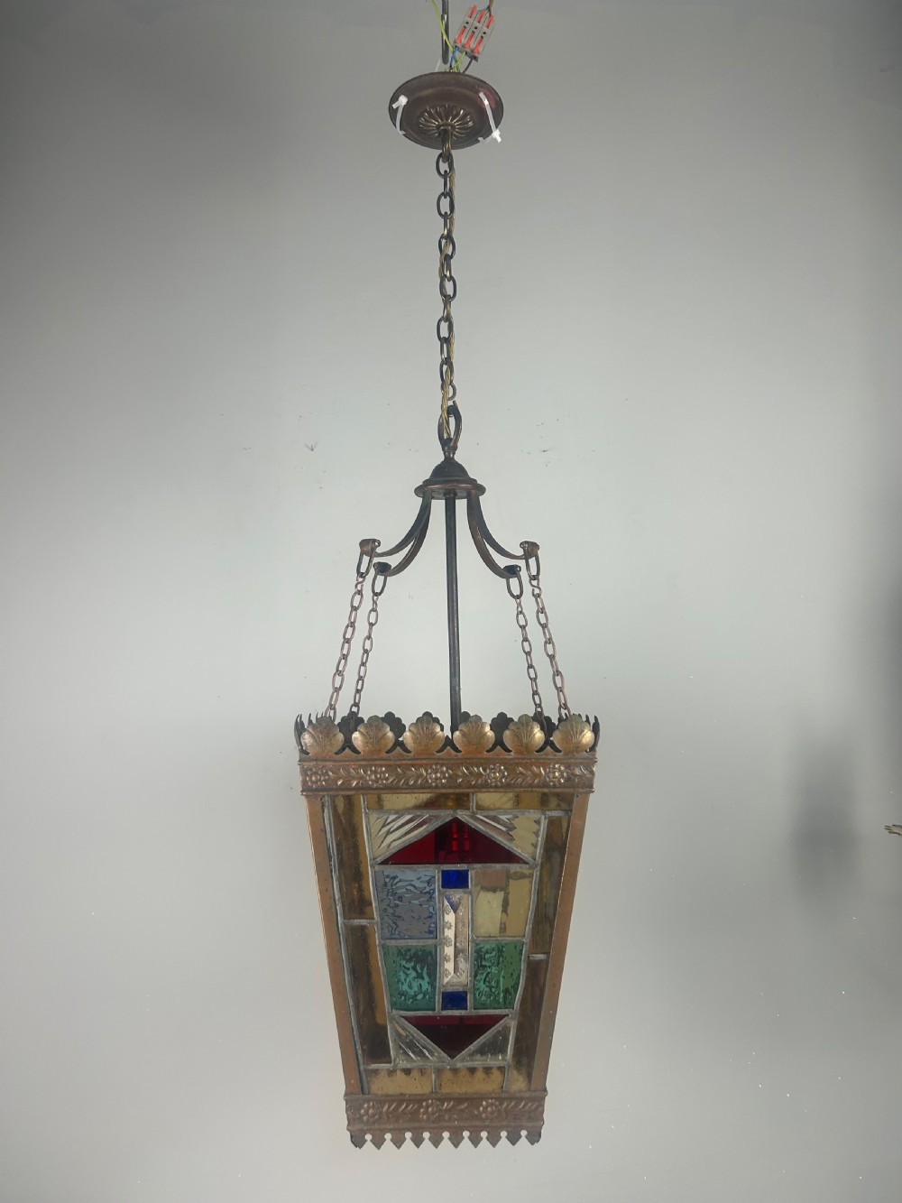 Large English Bronzed Brass Stained Glass Lantern  View X