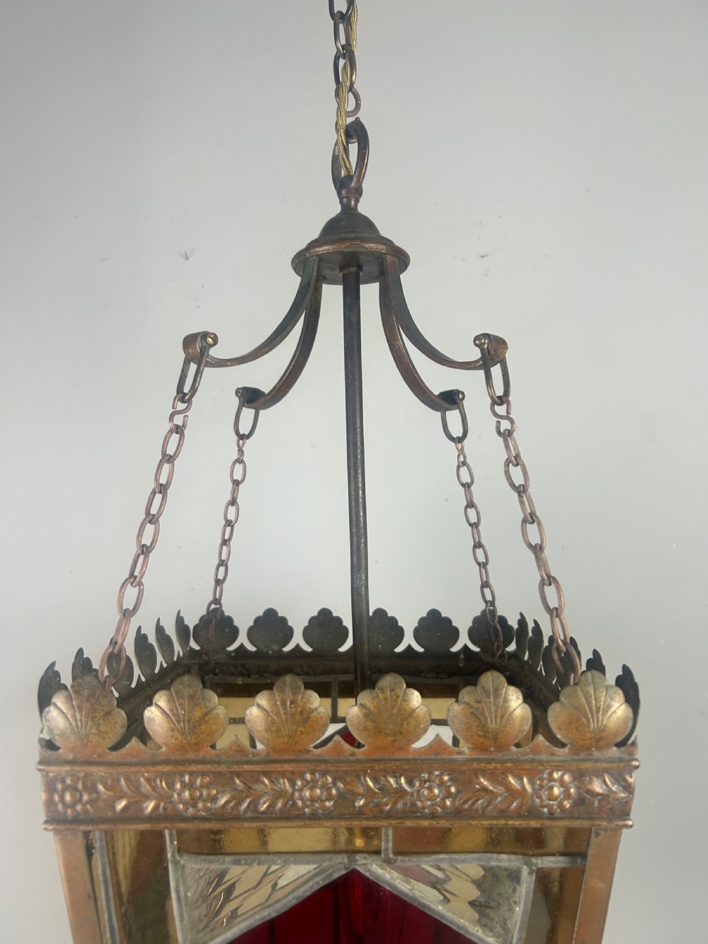 Large English Bronzed Brass Stained Glass Lantern  View XI
