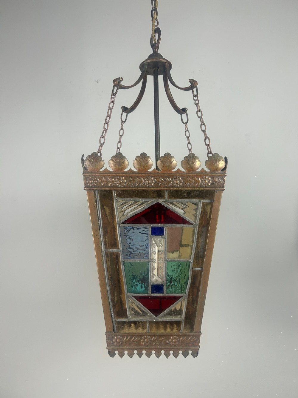 Large English Bronzed Brass Stained Glass Lantern  View XII