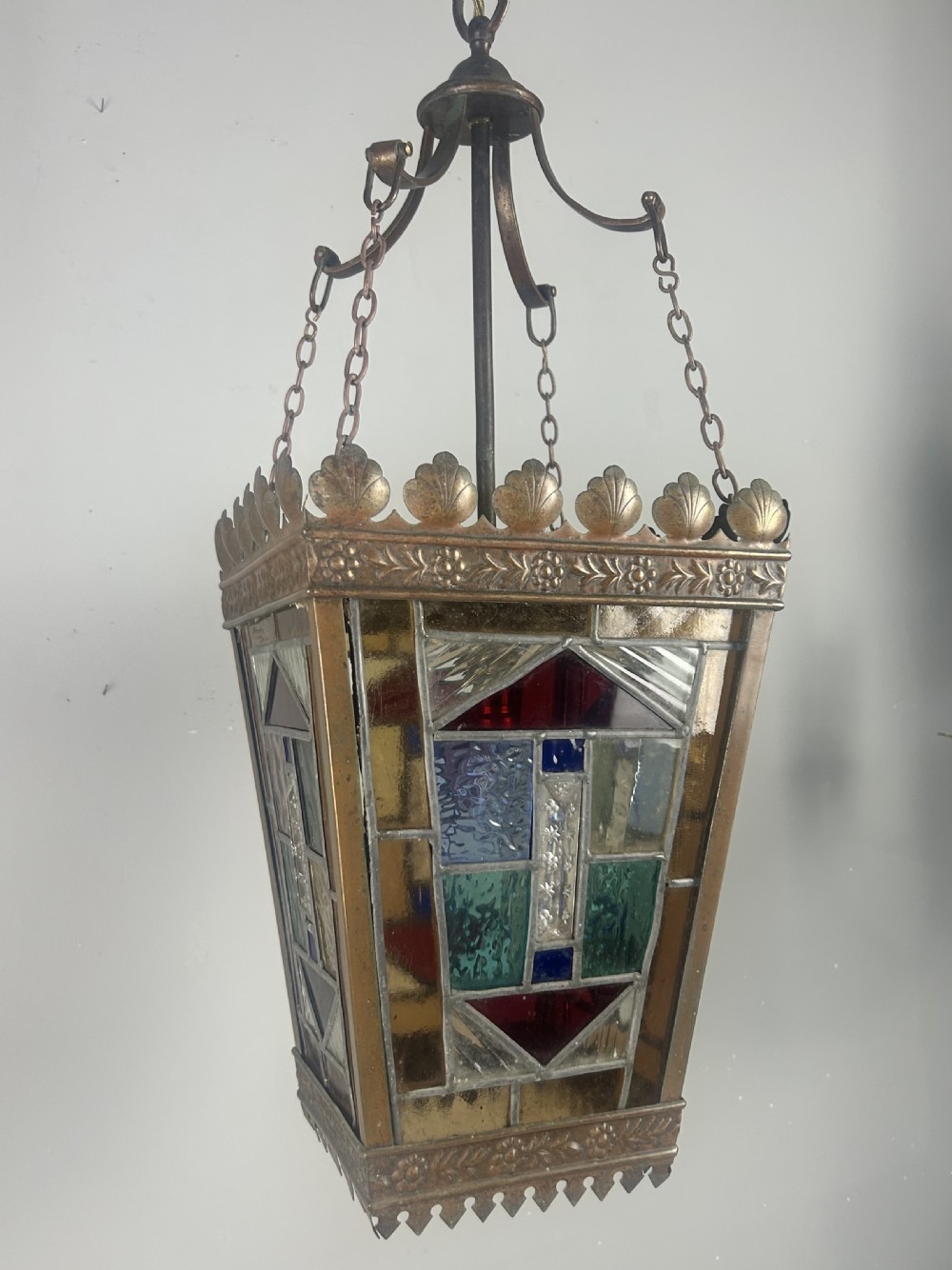 Large English Bronzed Brass Stained Glass Lantern  View XIII