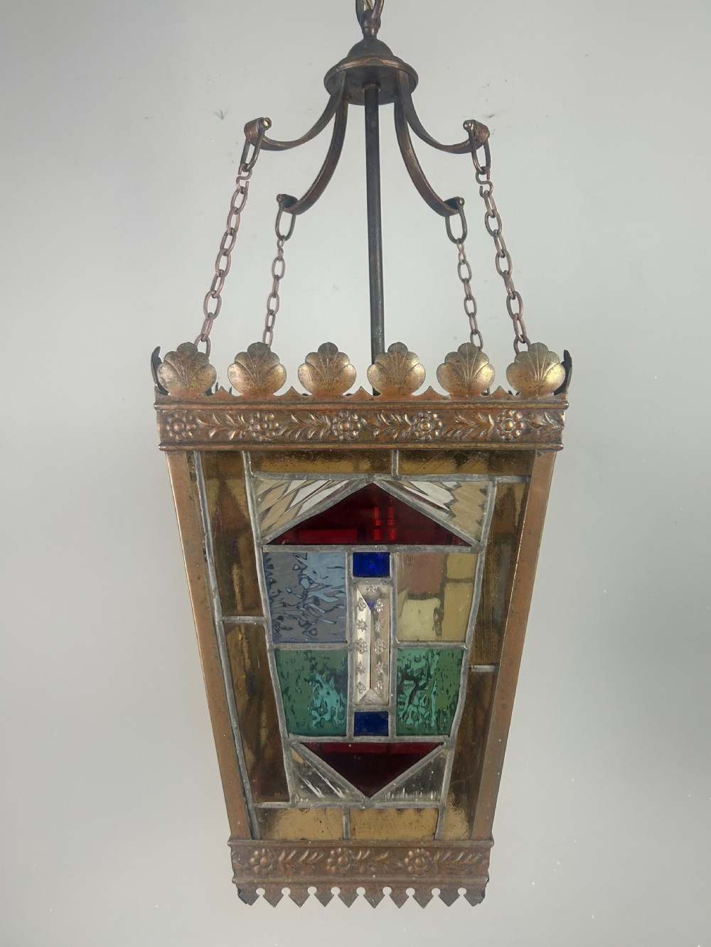 Large English Bronzed Brass Stained Glass Lantern  View XIV