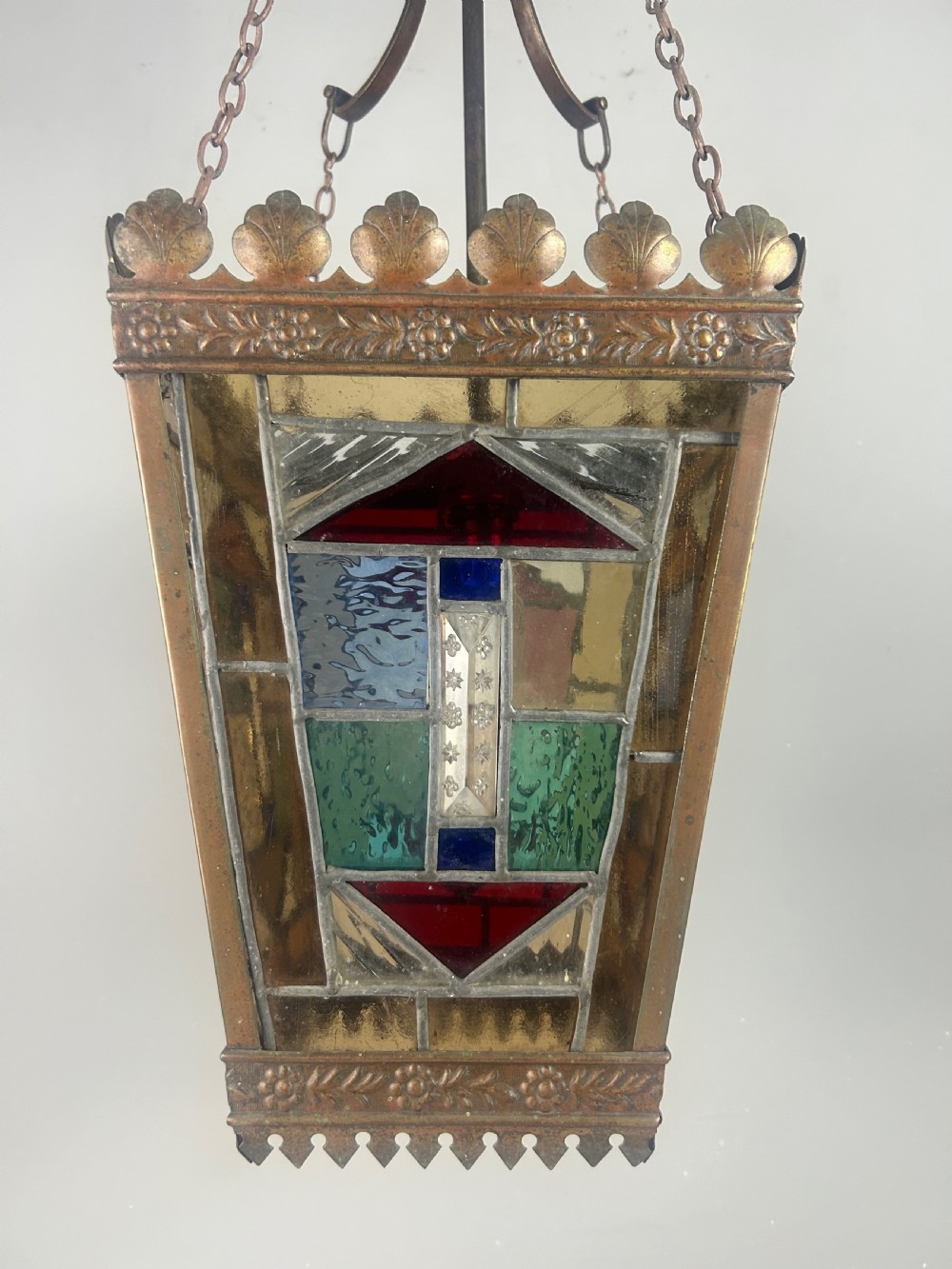 Large English Bronzed Brass Stained Glass Lantern  View XV