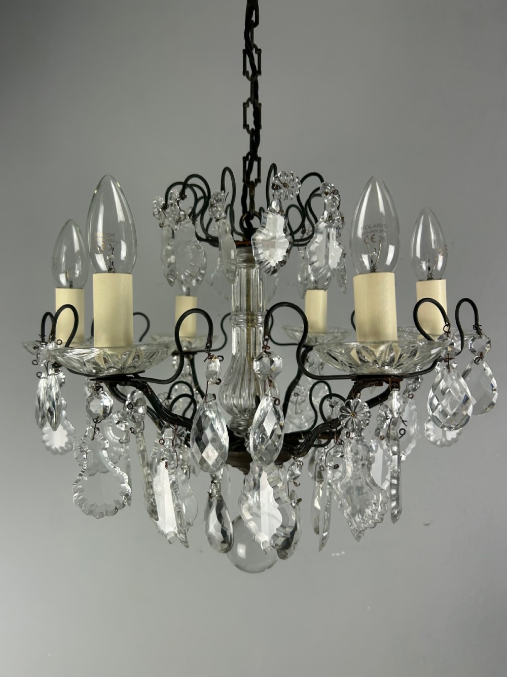 Antique French Dark Brass 6 Light Crystal Chandelier 