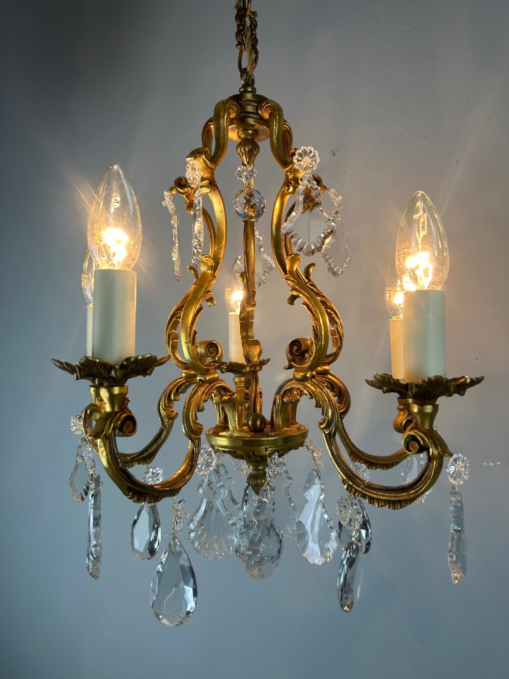 French Gilded & Crystal 5 Light Chandelier View II