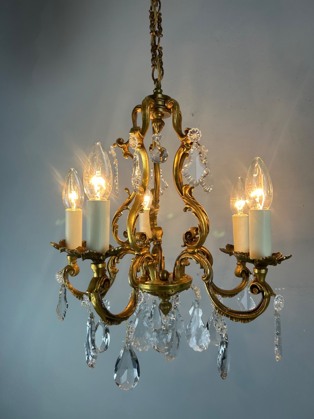 French Gilded & Crystal 5 Light Chandelier View IV