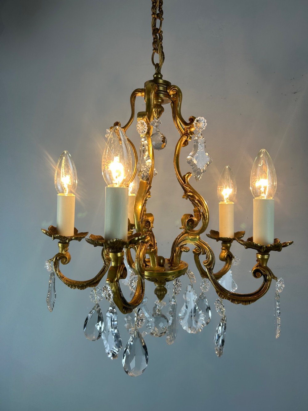 French Gilded & Crystal 5 Light Chandelier View V