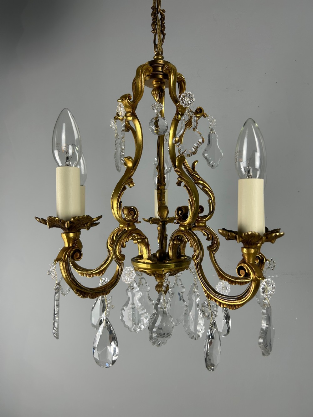 French Gilded & Crystal 5 Light Chandelier View VI