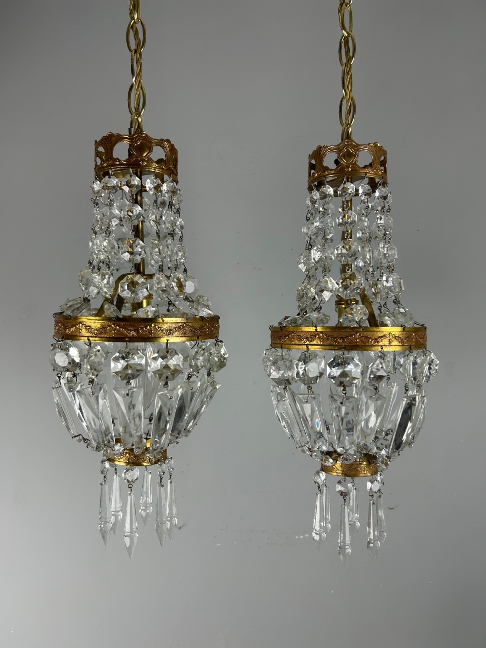 Pair of French Crystal Single Light Chandeliers, Ceiling Lights 