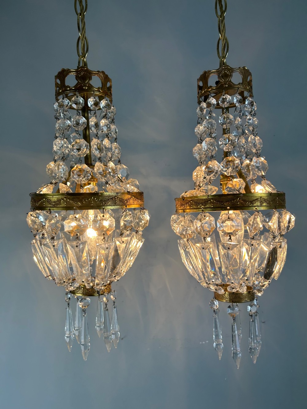 Pair of French Crystal Single Light Chandeliers, Ceiling Lights  View II