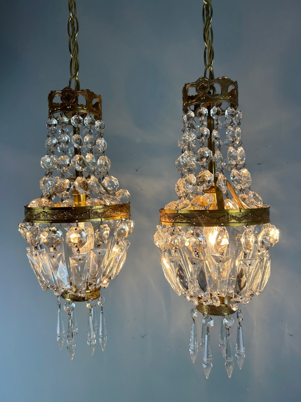 Pair of French Crystal Single Light Chandeliers, Ceiling Lights  View III