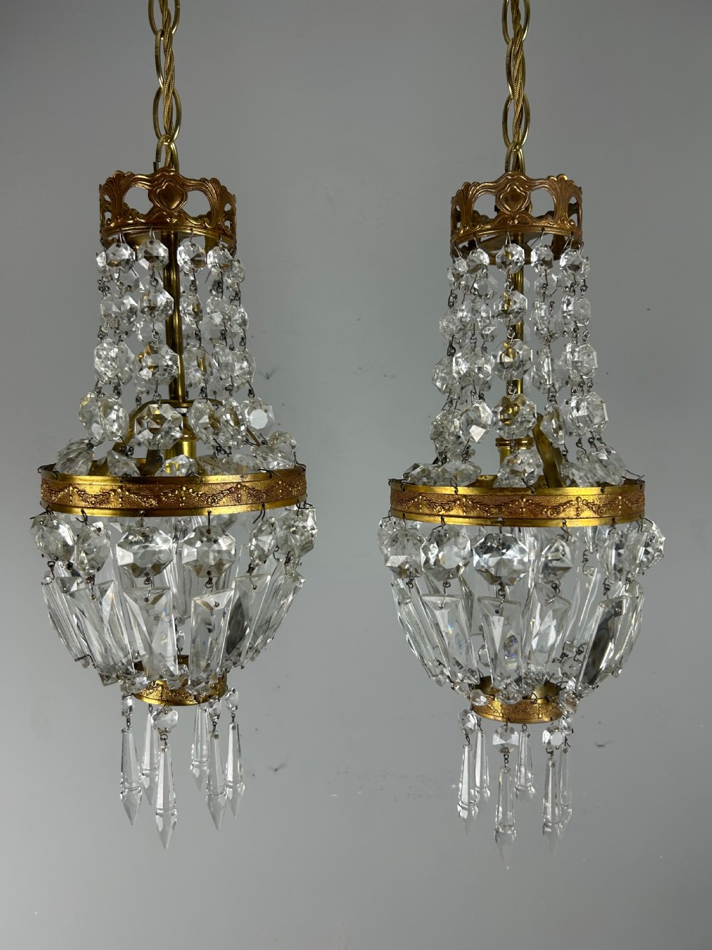 Pair of French Crystal Single Light Chandeliers, Ceiling Lights  View X