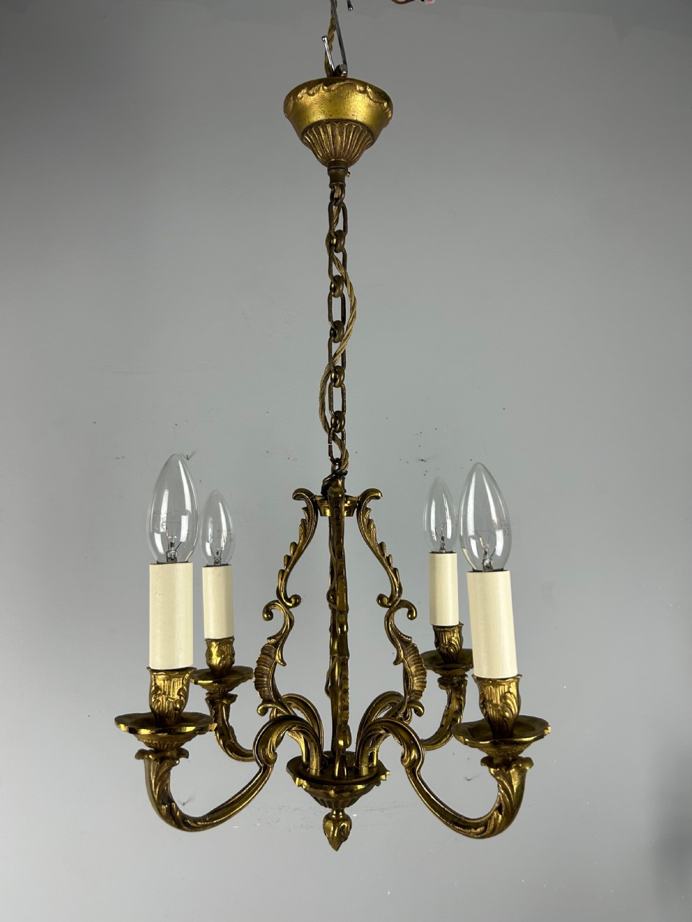Small French Gilt Brass 4 Light Chandelier, Ceiling Light View II