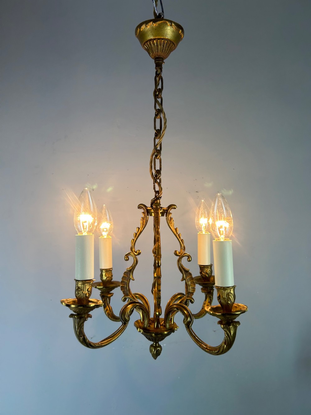 Small French Gilt Brass 4 Light Chandelier, Ceiling Light View VI