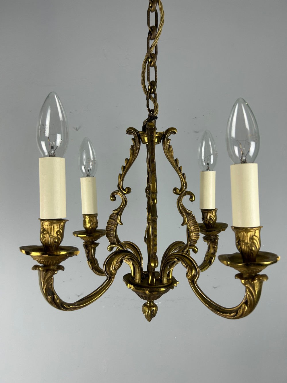 Small French Gilt Brass 4 Light Chandelier, Ceiling Light View VII