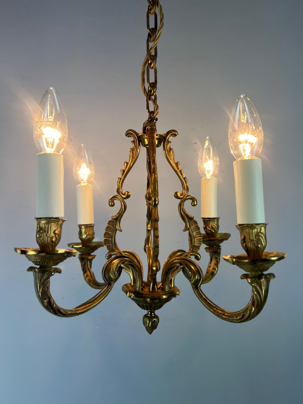 Small French Gilt Brass 4 Light Chandelier, Ceiling Light View VIII