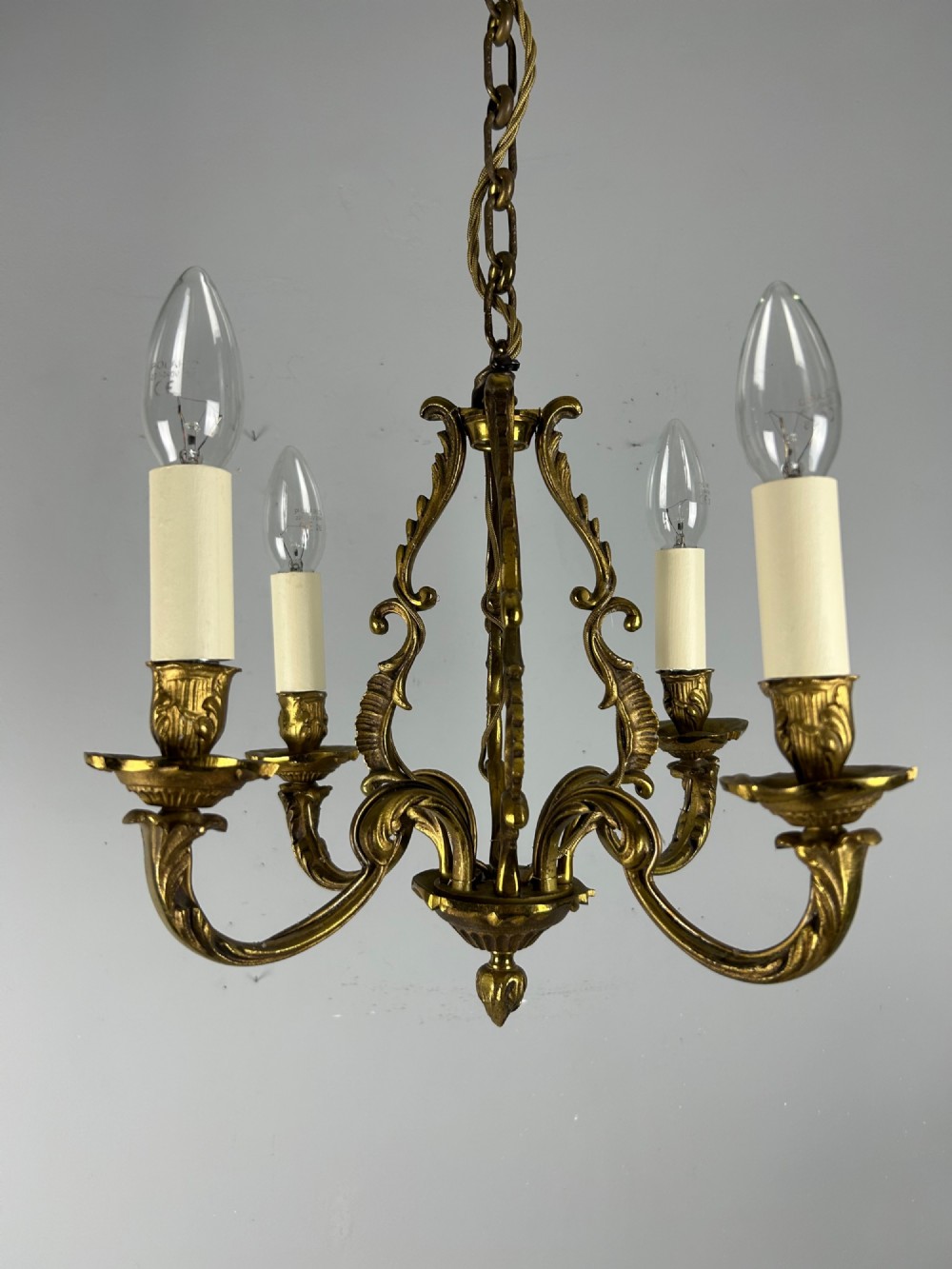 Small French Gilt Brass 4 Light Chandelier, Ceiling Light