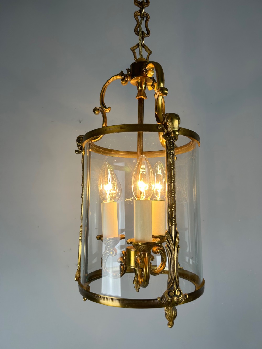 French Gilded Triple Light Convex Hall Lantern View II