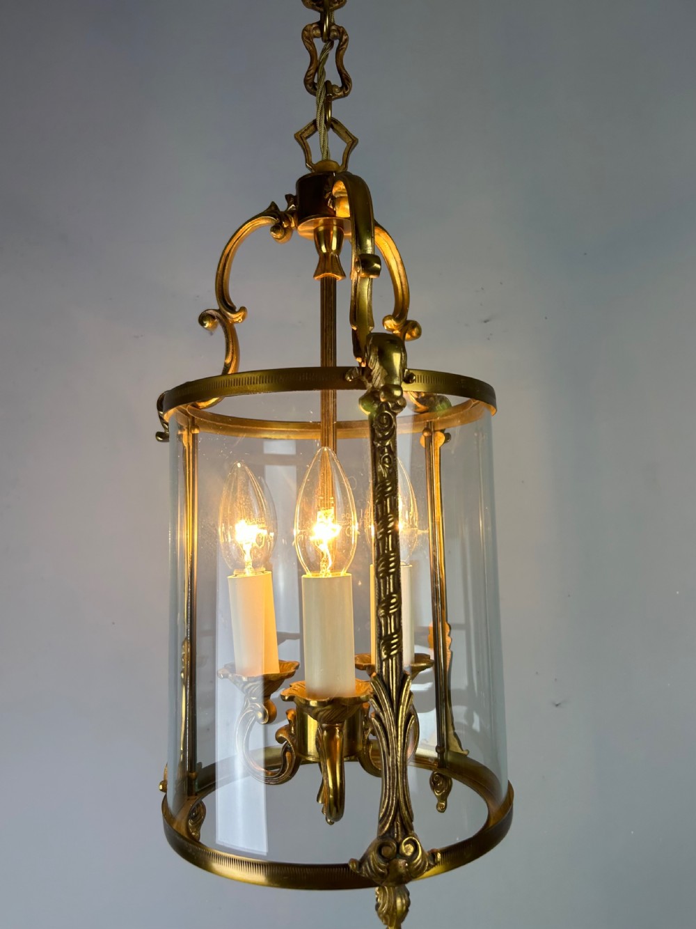 French Gilded Triple Light Convex Hall Lantern View III