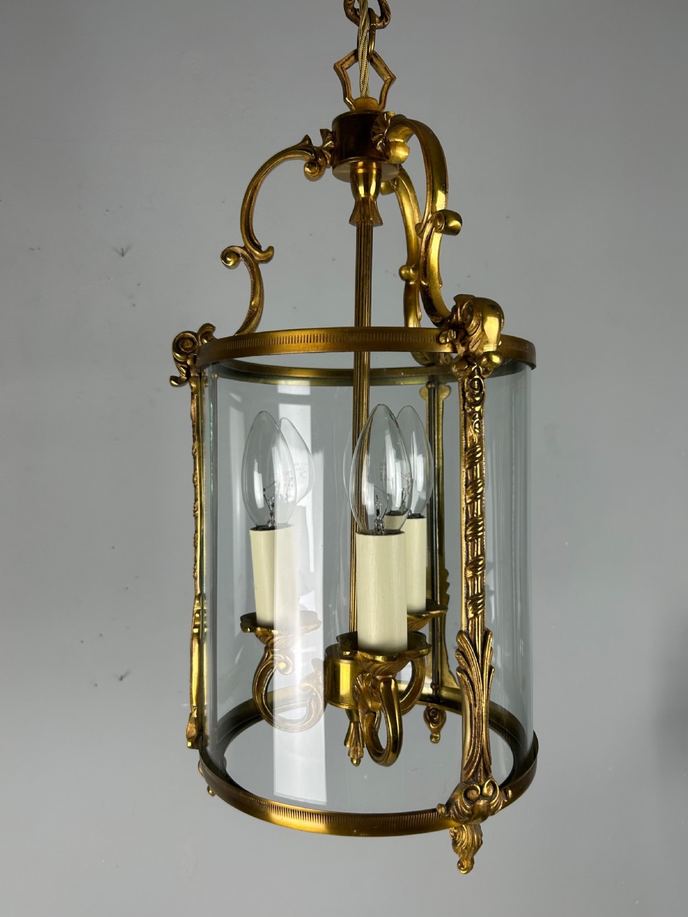 French Gilded Triple Light Convex Hall Lantern View IV