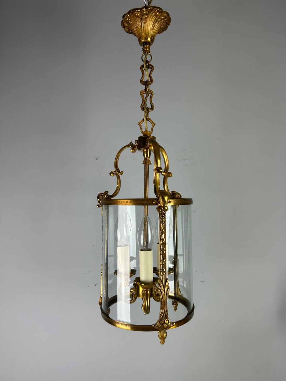French Gilded Triple Light Convex Hall Lantern View V