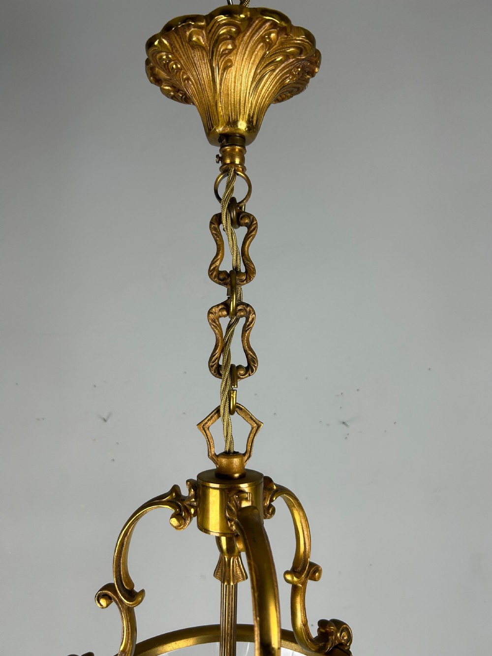 French Gilded Triple Light Convex Hall Lantern View VI