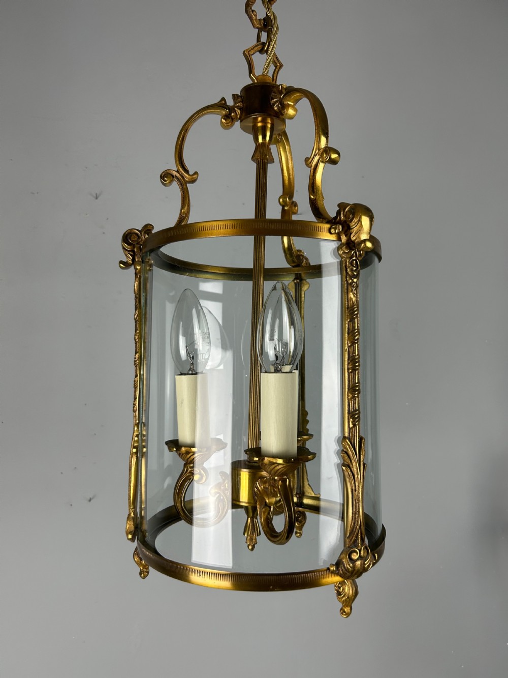 French Gilded Triple Light Convex Hall Lantern View VII