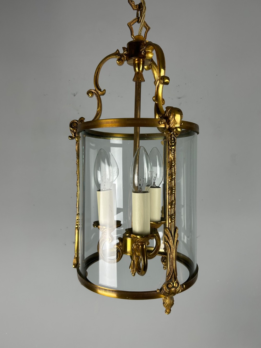 French Gilded Triple Light Convex Hall Lantern View IX