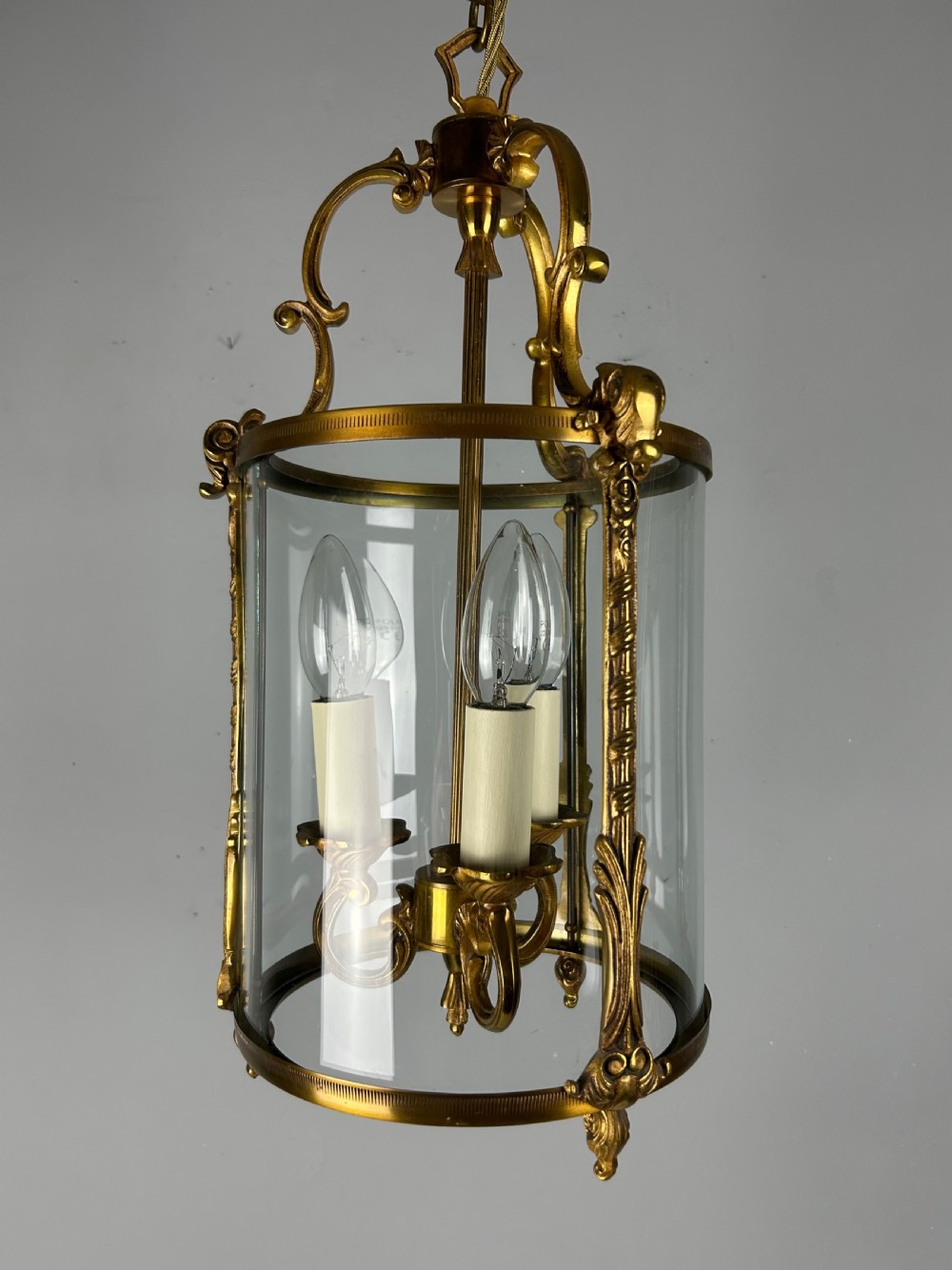 French Gilded Triple Light Convex Hall Lantern View X