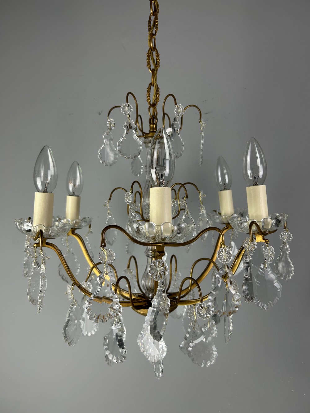 French Gilded Brass & Crystal 6 Light Antique Chandelier