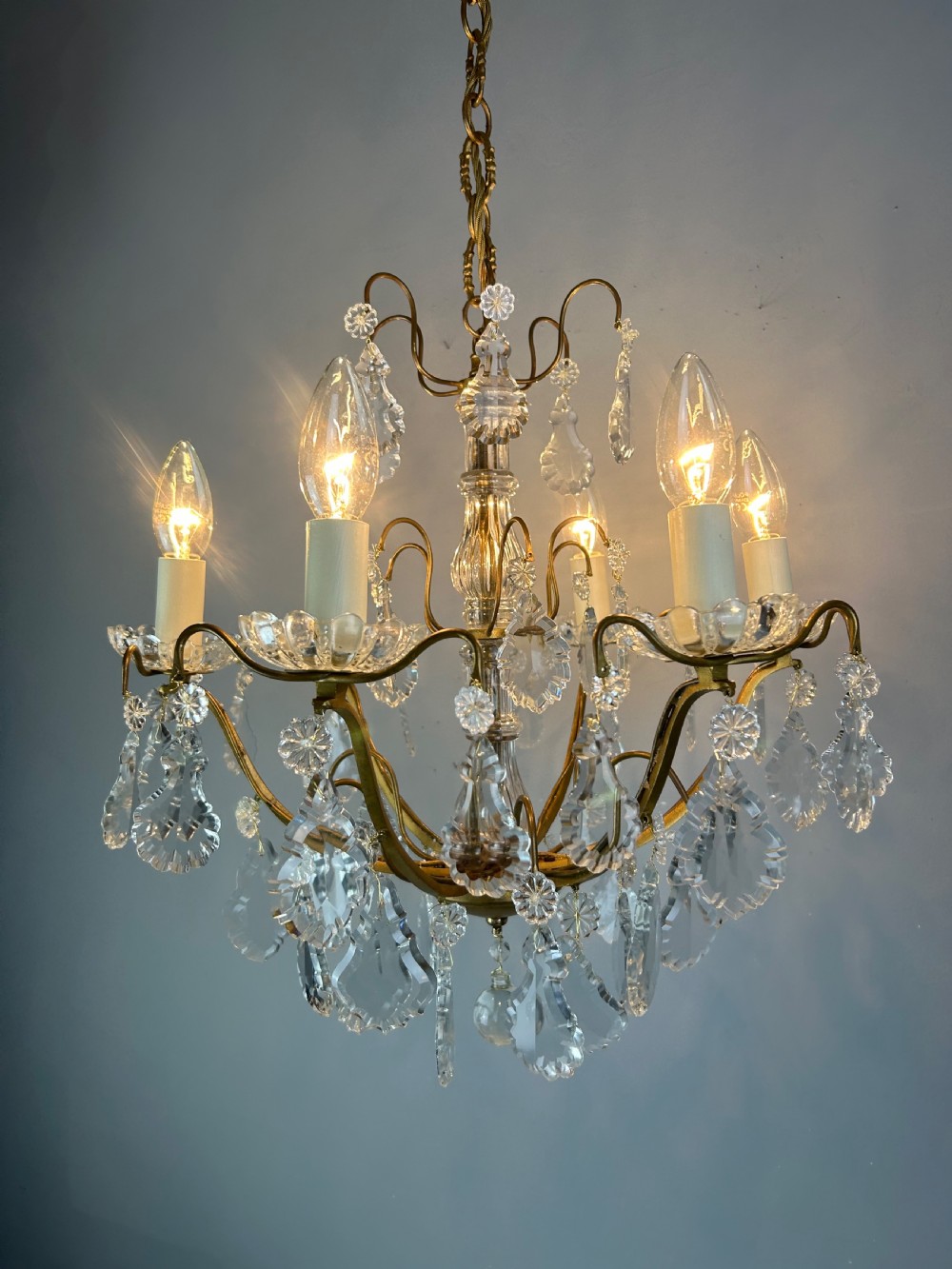 French Gilded Brass & Crystal 6 Light Antique Chandelier View II