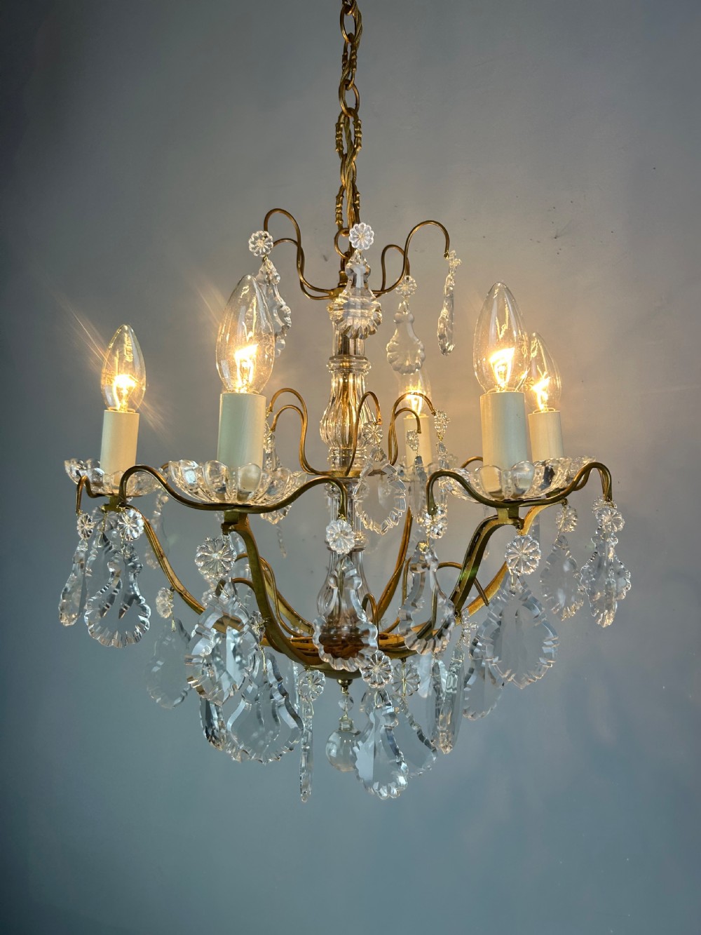 French Gilded Brass & Crystal 6 Light Antique Chandelier View III