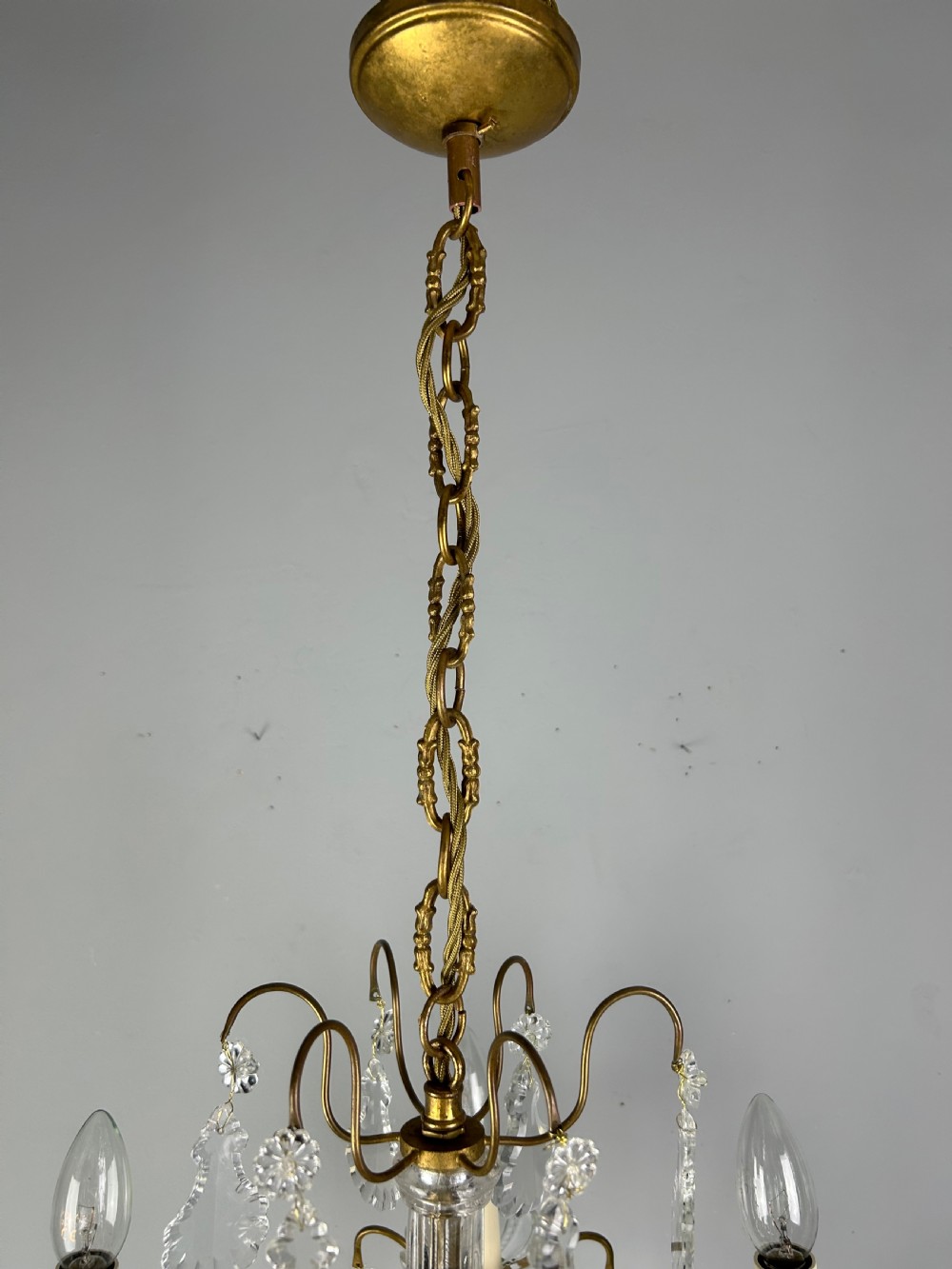 French Gilded Brass & Crystal 6 Light Antique Chandelier View V
