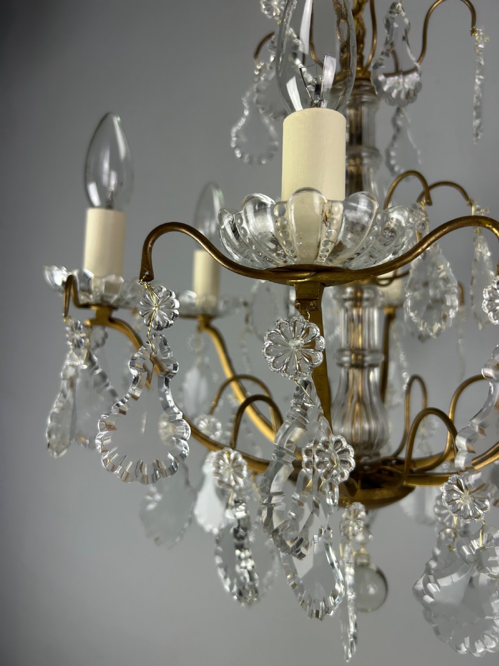 French Gilded Brass & Crystal 6 Light Antique Chandelier View VI