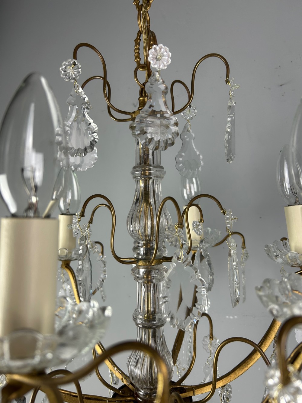 French Gilded Brass & Crystal 6 Light Antique Chandelier View VII