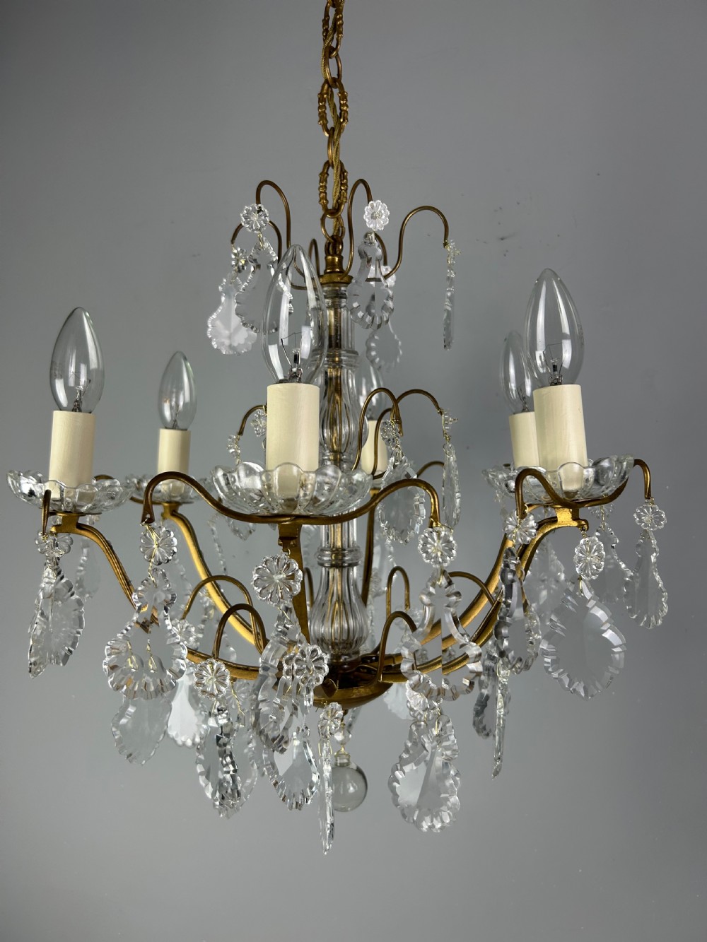 French Gilded Brass & Crystal 6 Light Antique Chandelier View VIII