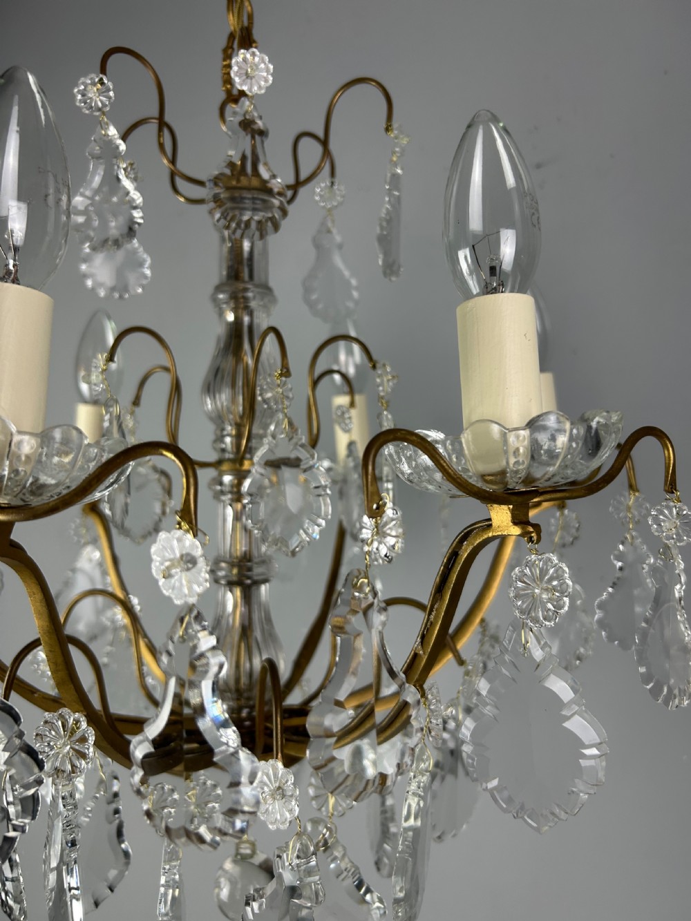 French Gilded Brass & Crystal 6 Light Antique Chandelier View IX