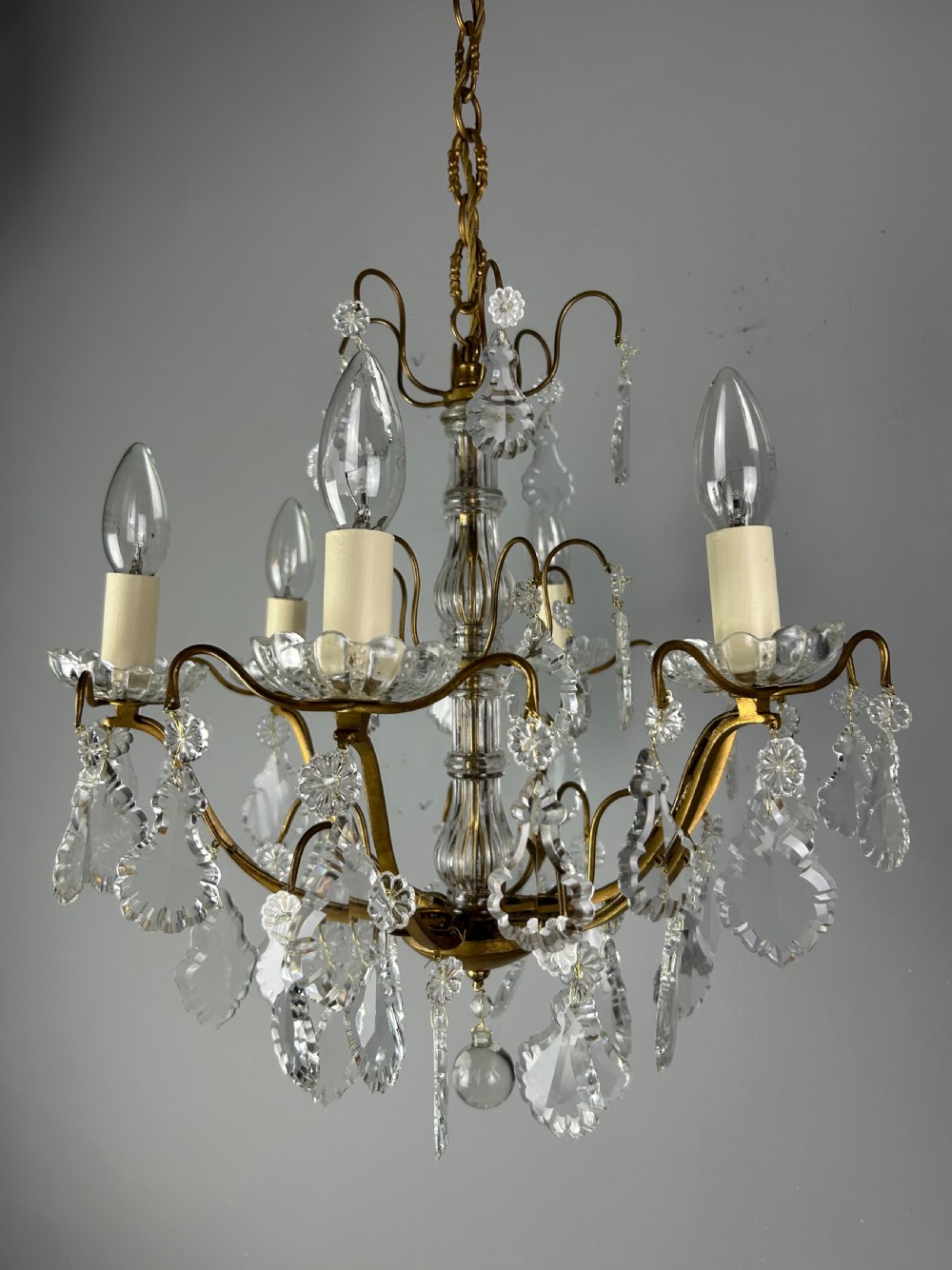French Gilded Brass & Crystal 6 Light Antique Chandelier View X
