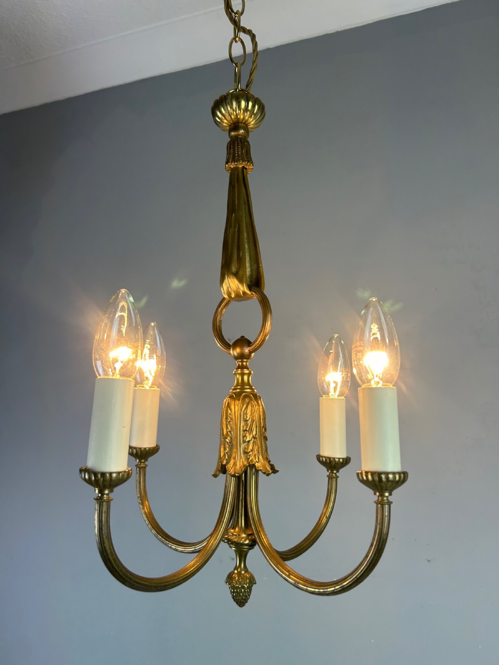French Gilt Brass 4 Light Chandelier, Ceiling Light View V