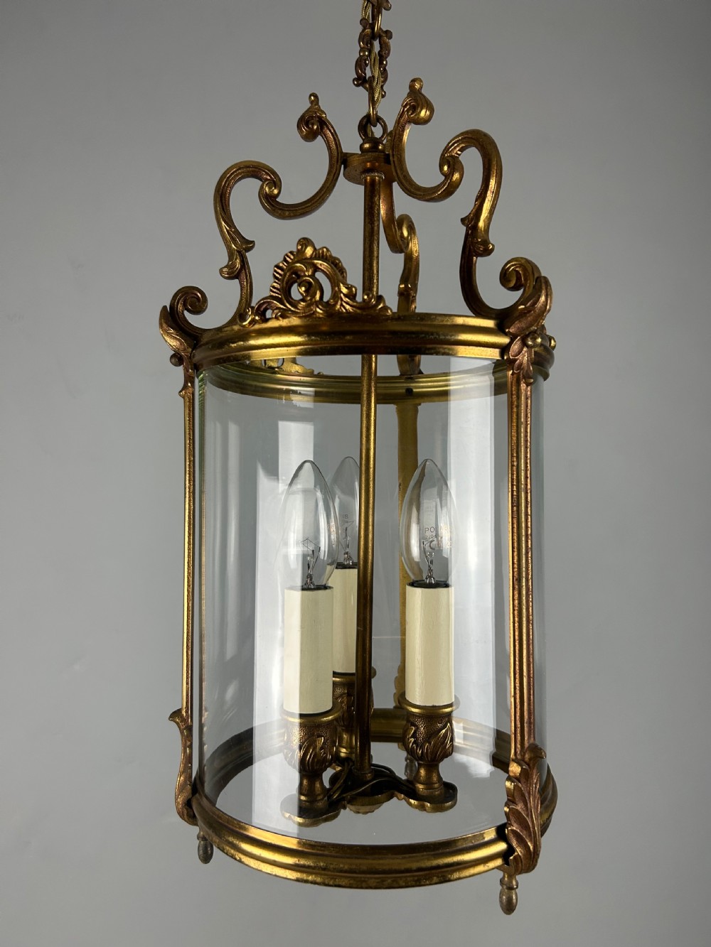 French Aged Gilded Bronze Triple Light Hall Lantern, Rewired