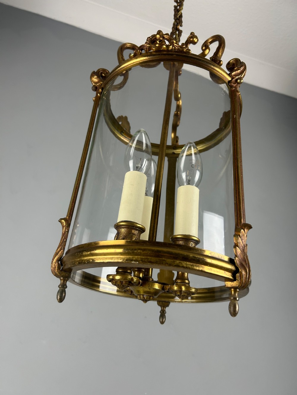 French Aged Gilded Bronze Triple Light Hall Lantern, Rewired View II